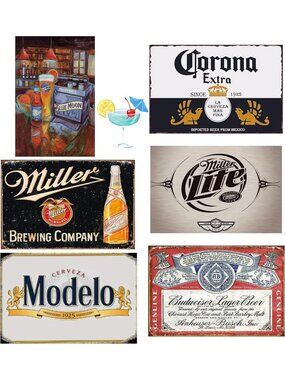Vintage Metal Beer Signs Set - 6-Piece Wall Decor for Man Cave & Home Bar